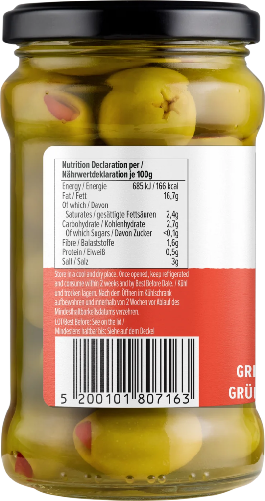 Olives vertes au poivron rouge — Côté A